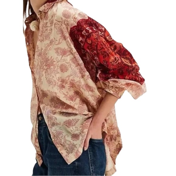 Free People “Rose Bud” Blouse – Mixed Print Boho Button down 100% Cotton 🌸 - Picture 4 of 9